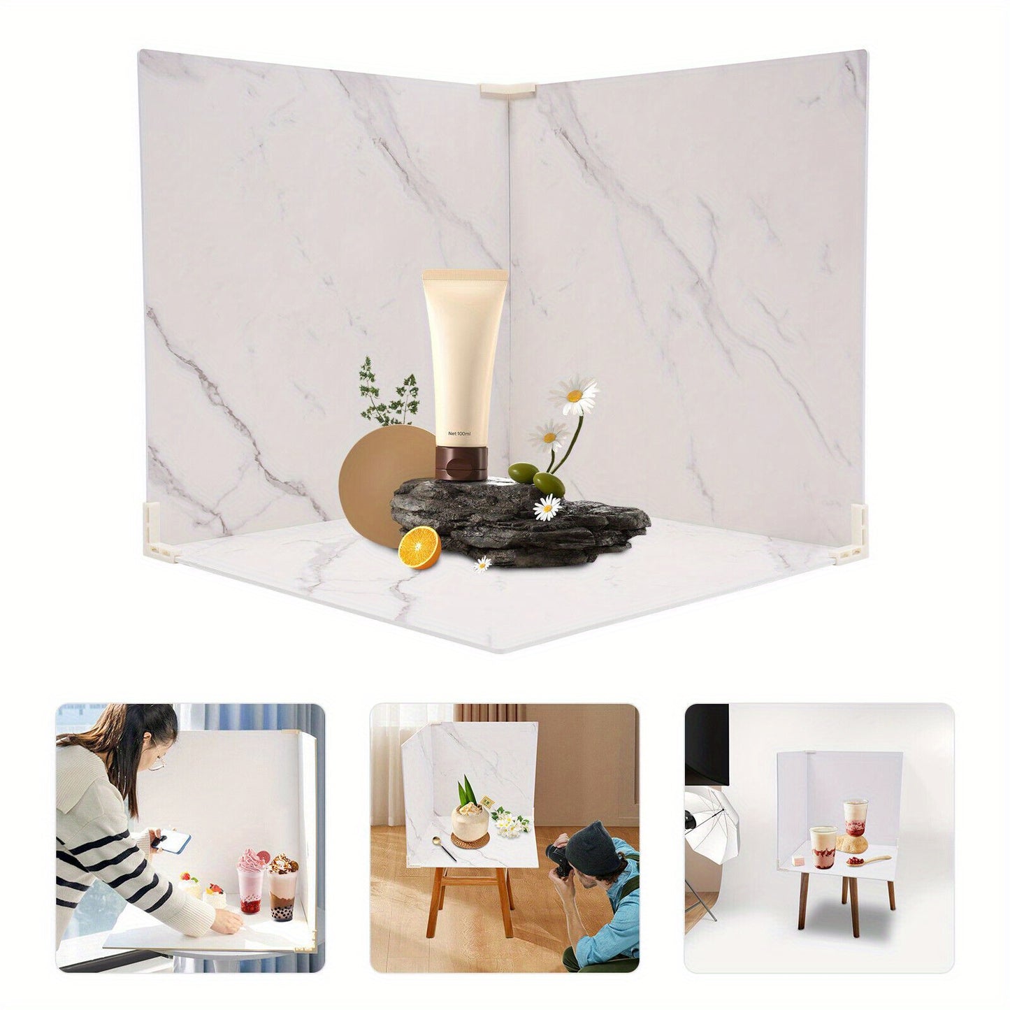 3PCS Photo Backdrop Boards, High-quality Material, Double-sided Design, White, Marbling, PVC Material, Modern Style, Square-Shaped Shooting Backdrops, Shooting Backdrops