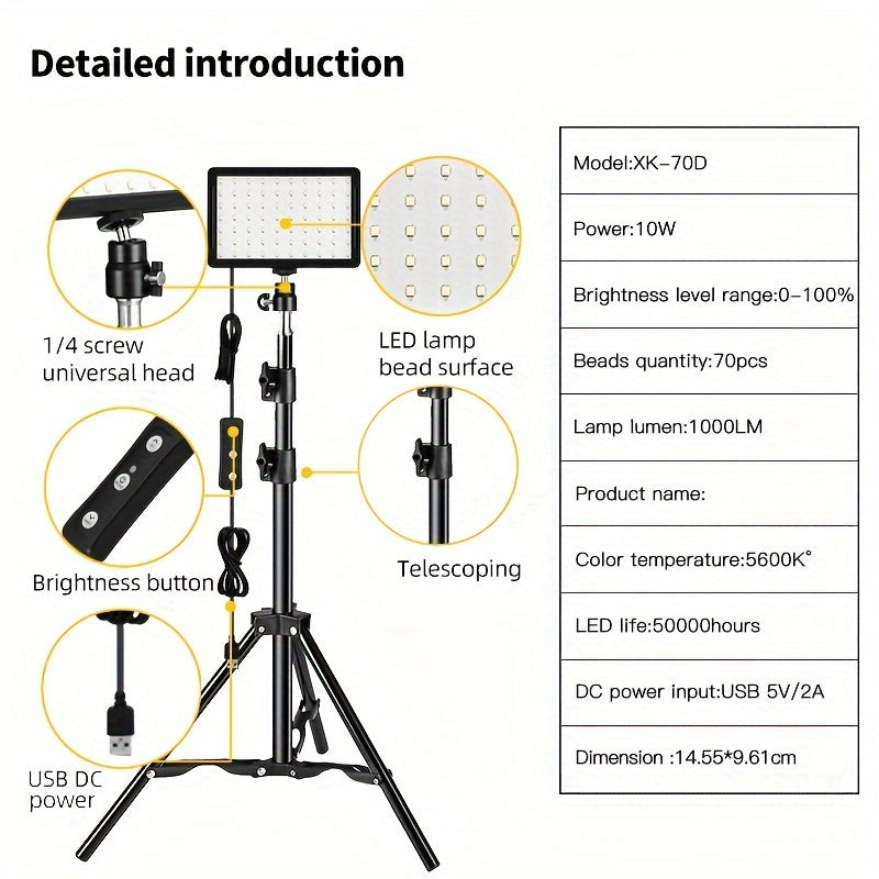 Pro Studio LED Video Lighting Kit - Adjustable 5600K USB Floodlight with Tripod, Color Filter, and Desktop Compatibility for Photo and Video Shooting